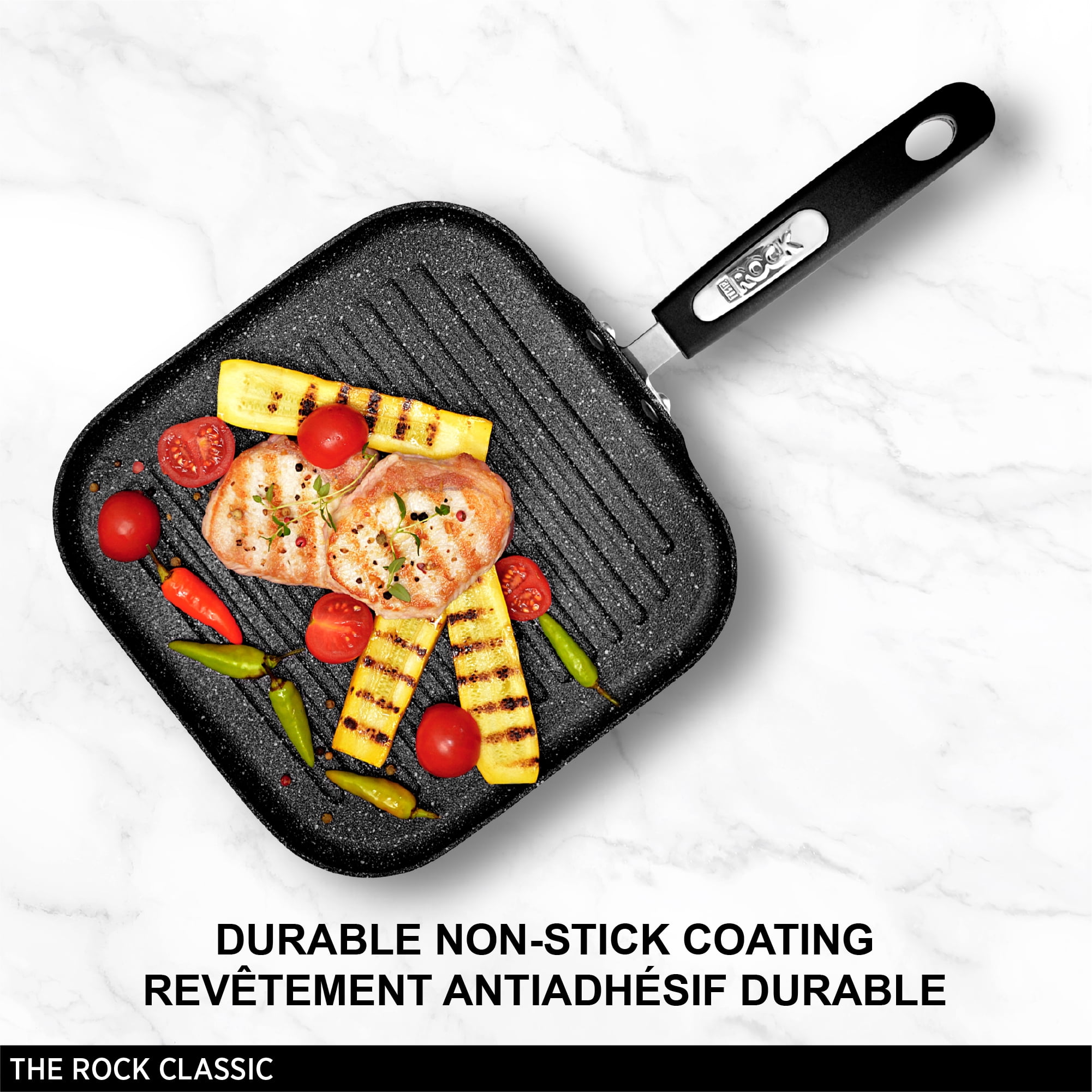 Starfrit The Rock 25cm (10") Non-Stick Grill Pan, Durable Forged Aluminium, Oven Safe, PFOA Free, Easy to Clean, Black, Cook healthy meals with the Starfrit The Rock 10" Grill Pan. Its Rock.Tec surface offers superior non-stick and scratch resistance for easy food release. Extra-thick cast aluminum ensures even heat, and it's oven and dishwasher safe for added convenience.