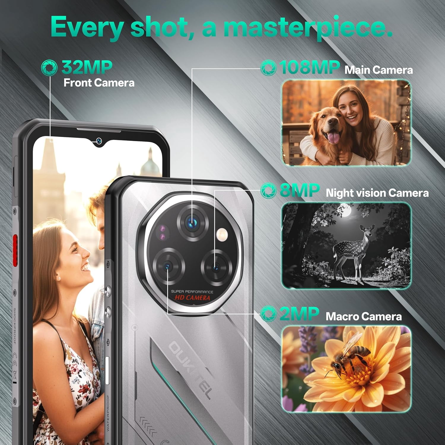 OUKITEL WP62 5G Rugged Smartphone Unlocked Android 15-36GB+512GB/2TB Rugged Cell Phone, 6.6''FHD+ Display 120Hz 108MP Rear Camera 11000mAh Battery Waterproof Phones, Fingerprint/IP68/IP69K/NFC/OTG