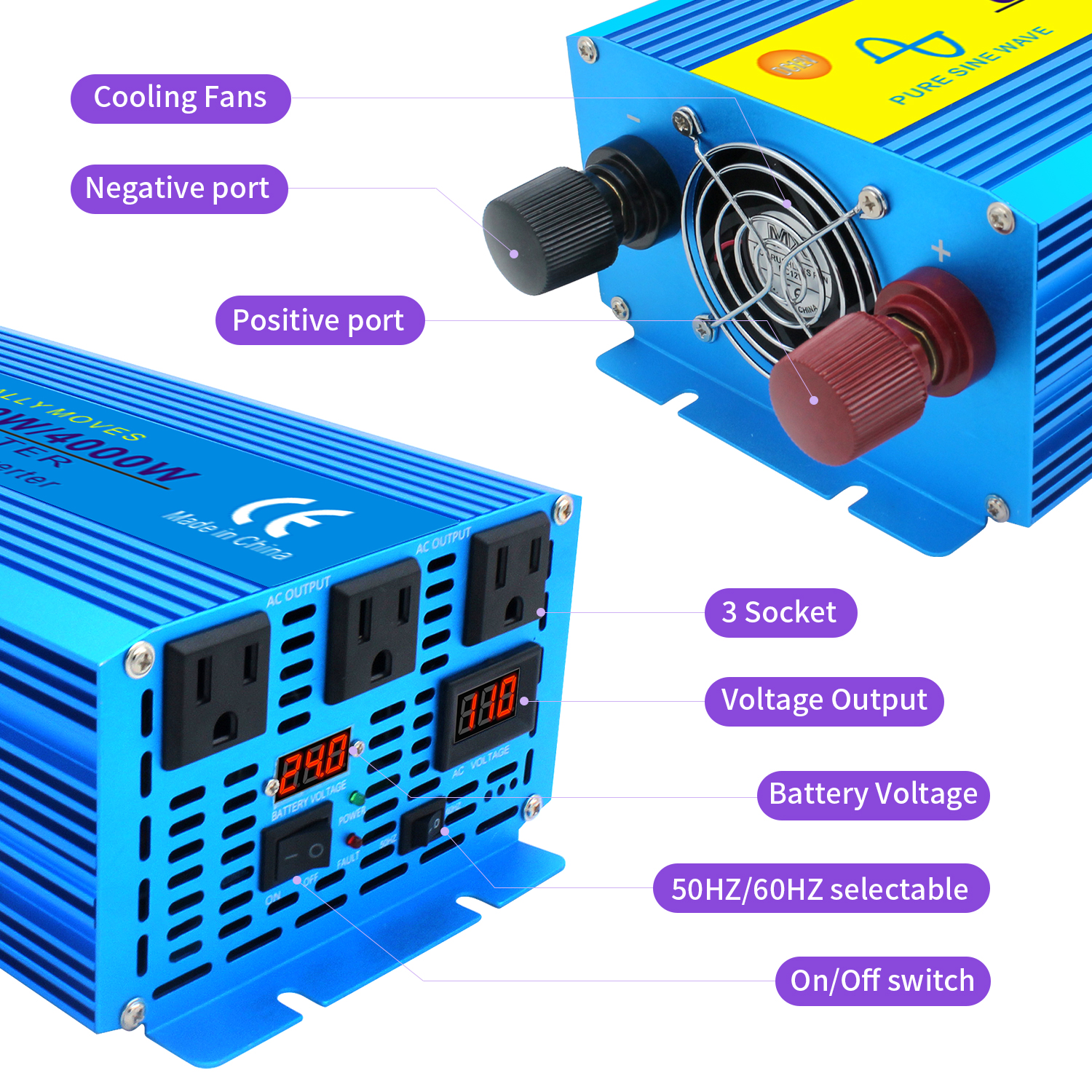 LVYUAN 2000W 4000W Peak Power Inverter DC 24V to AC 110V Pure Sine Wave Car Battery Inverter 3 AC Outlets Charger Adapter LCD Display for Car, RV, Truck, Camping, Home Backup, Emergency Power