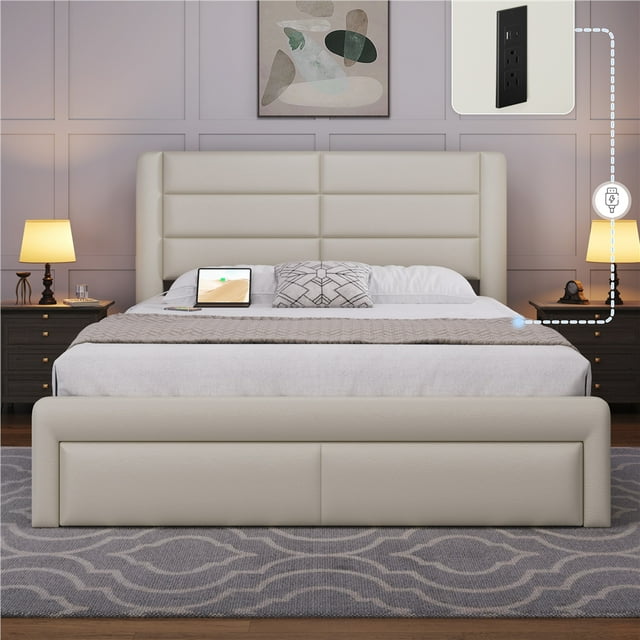 Yaheetech Queen Upholstered Bed Frame with Headboard, Storage Drawers & Charging Outlets, Beige