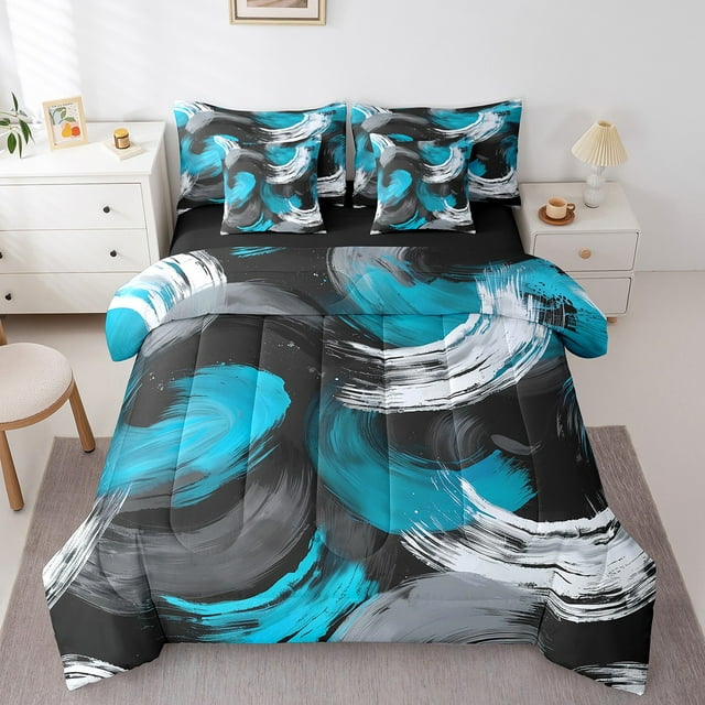 Erosebridal Lit en Sac Aquarelle Bleu Taille Simple, Ensemble de Lit à Rayures Ombrées, Décor Géométrique Chic, Réversible 7 Pcs