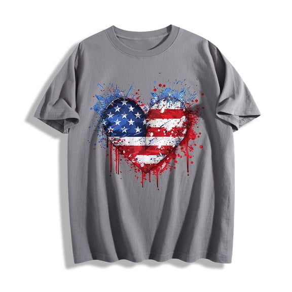Afelkas Men's American Flag Heart T-Shirt Artistic Splash Graphic Tee Patriotic Love 4th of July Summer Casual Cotton Top Gray,XL