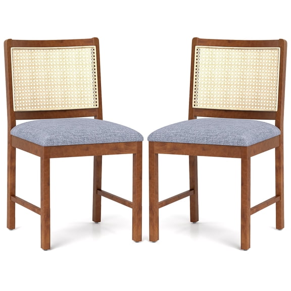 Gymax Rattan Dining Chair Set of 2 w/ Rubber Wood Frame Linen Fabric Padded Seat