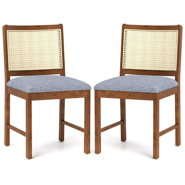 Gymax Rattan Dining Chair Set of 2 w/ Rubber Wood Frame Linen Fabric Padded Seat