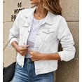 thumbnail image 3 of Chaquetas vaqueras ajustadas para mujer, abrigo informal de manga larga con solapa, botones y bolsillo en el pecho, color liso, moda de otoño, 3 of 4