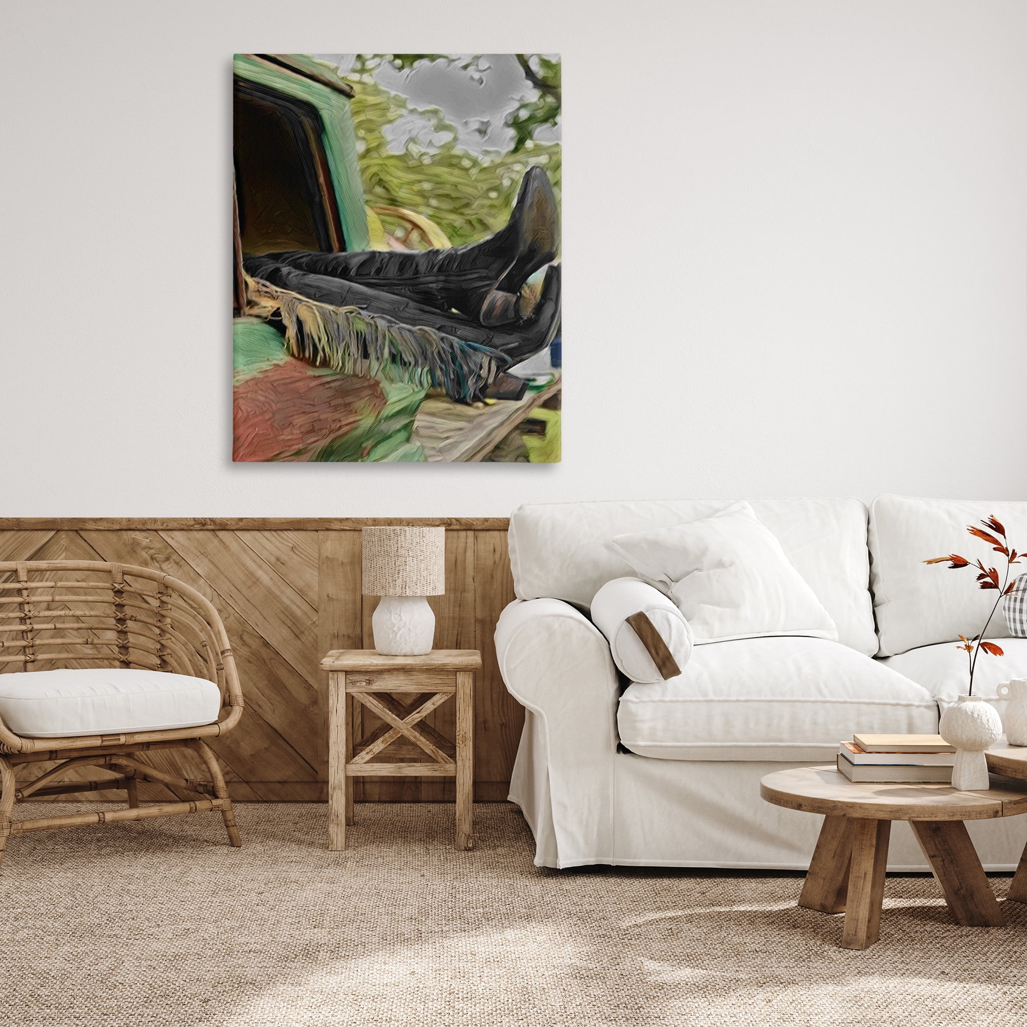 Stupell Industries Relaxing Cowgirl in Nature Transportation Painting Gallery Wrapped Canvas Art Print Wall Art, 36 x 48