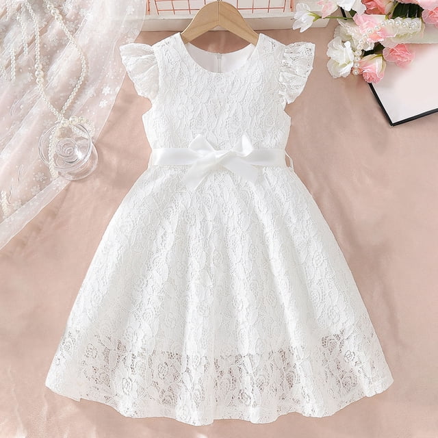 MKOSPLRT Robe de Bal Robe de Mariage pour Fille Dentelle Midi Robe Princesse Manches à Volants Robe de Soirée Fluide Unie Robes d'Été avec Ceinture