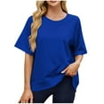 thumbnail image 2 of Sevevn Women's Fashion Casual Spring And Summer New Solid Color Thread Round Neck With Shoulder Loose Short-Sleeved Top Blue XXL Gift for Girls, 2 of 9