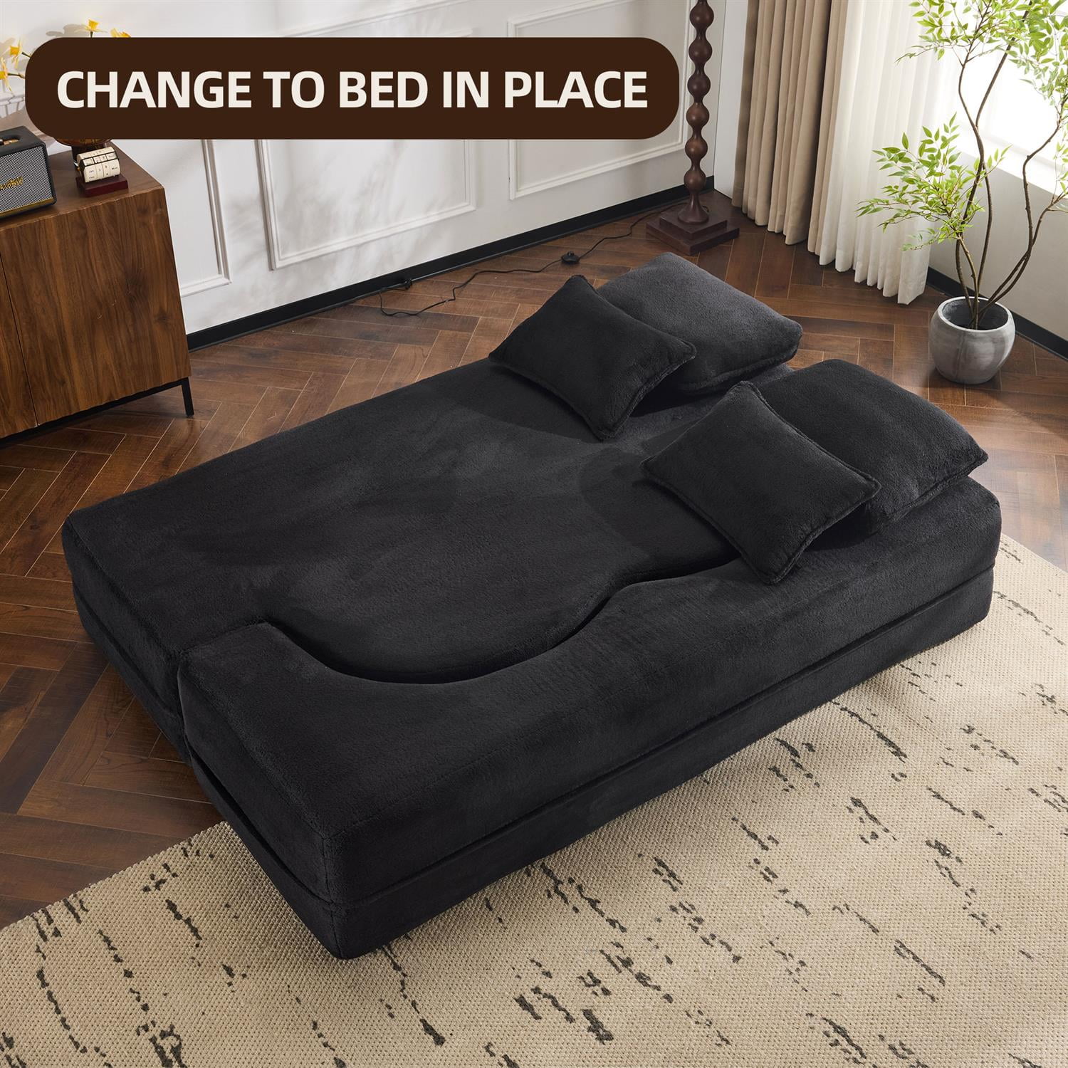 Demi Bonn 78" Foldable Sofa Bed, Chenille Futon Couch, High-Density Foam Convertible Sleeper Sofa for Living Room, Guest Room, Bedroom, Black