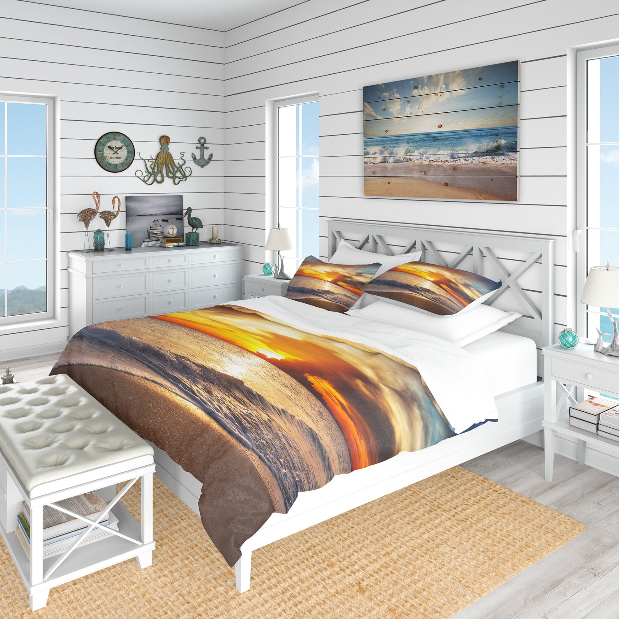 Designart 'Yellow Sunset Through Dark Clouds' BEach Bedding Set - Duvet Cover & Shams