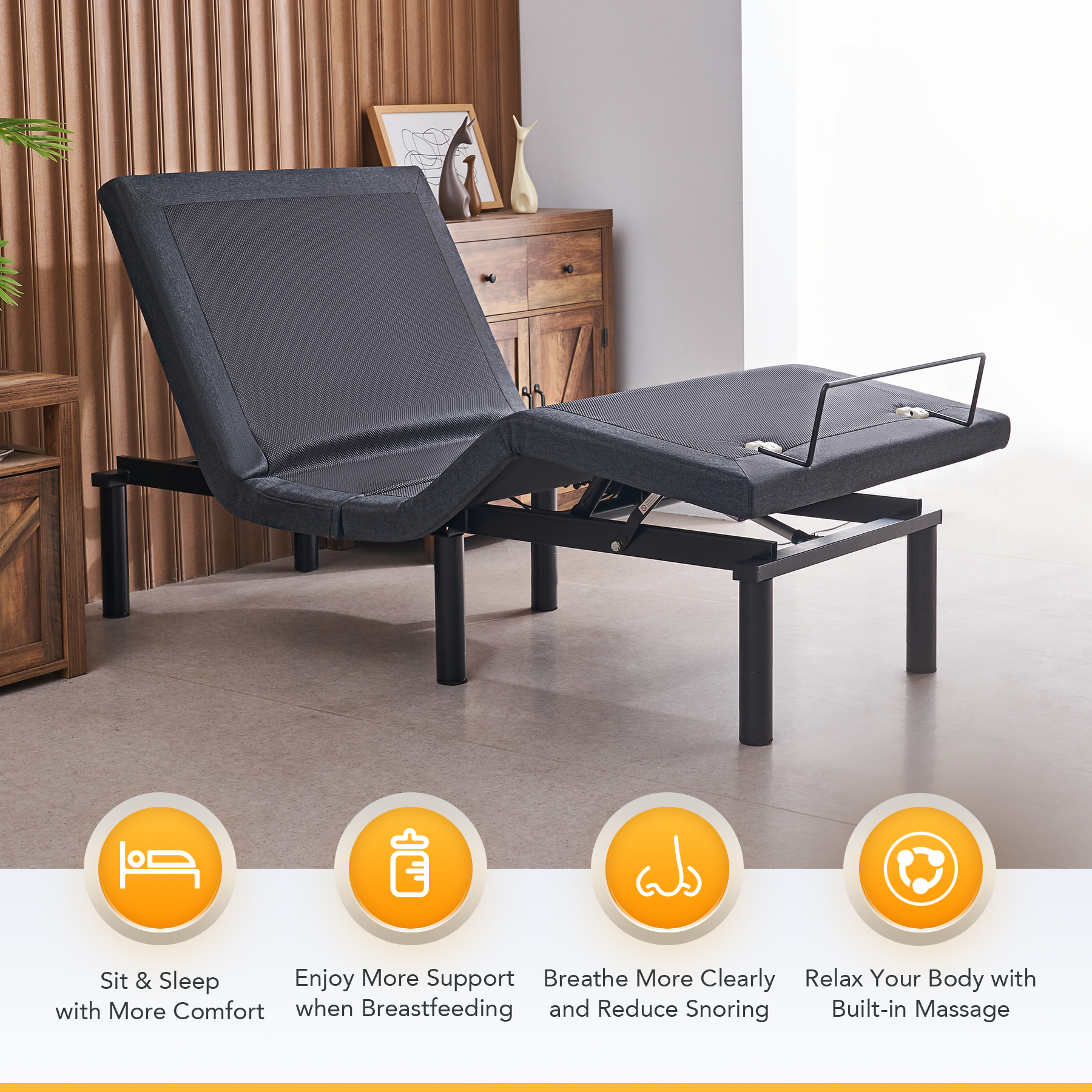Bestco Adjustable Bed Base, Zero Clearance Bed Frame with Wireless Remote, Electric Head and Foot Incline, Massage, and USB Port