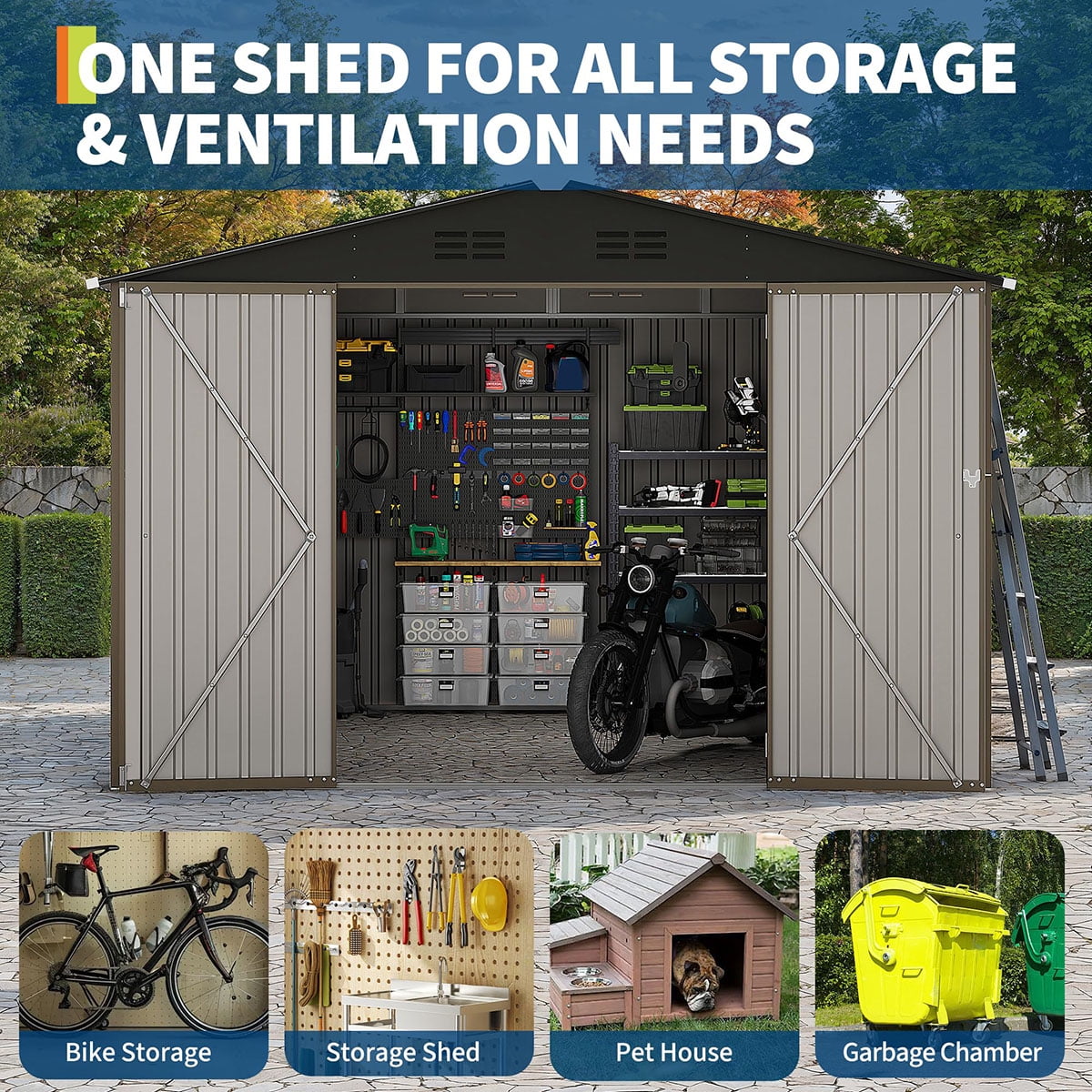 Soonbuy 10x10 FT Outdoor Storage Shed, Large Metal Garden Shed with Lockable Door & Peak Roof, 540 Cu Ft Capacity, All-Weather Galvanized Steel Tool Shed for Backyard, Patio, Lawn (ship in 3 boxes)