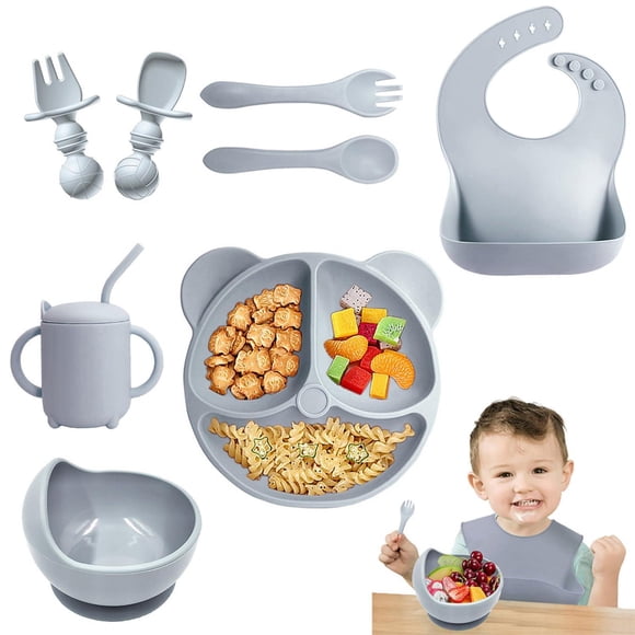 Platos para Bebé ALIYU Gris con Ventosa y Baberos de Silicona Sin BPA