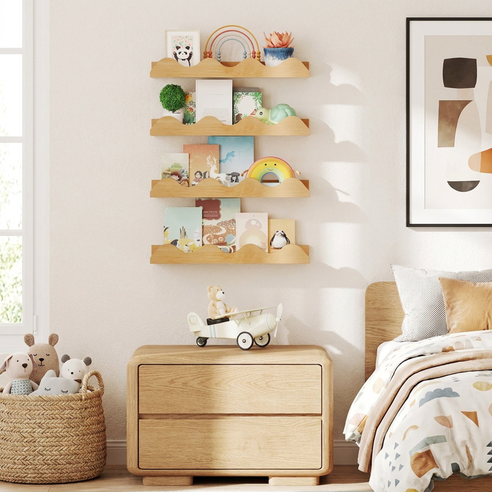 Furnibear 16 Inch Bookshelf Set of 4 Floating Book Shelves for Decoration Book Toy Storage for Living Room Home Office Bedroom Display, Natural