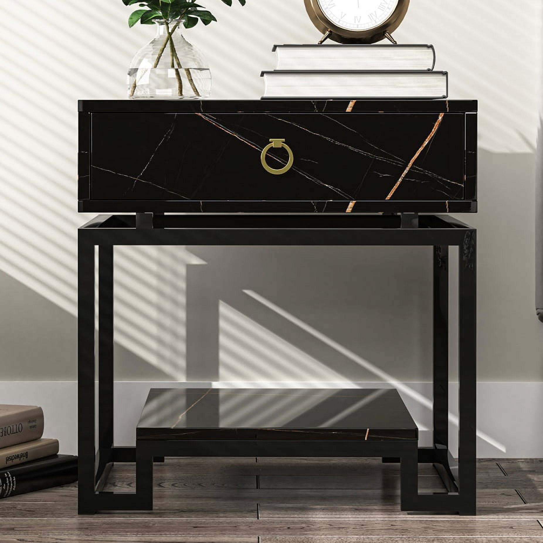 Yardi Yard Mid Century Modern Marble Pattern Nightstands with Gold Accent Handles, Black Yardi Yard Mid Century Modern Marble Pattern Nightstands with Gold Accent Handles, Black