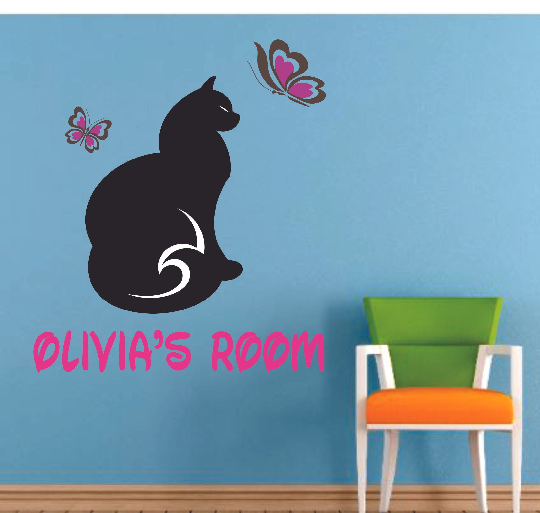 Cat Cats Butterfly Animals Cartoon Customized Wall Decal - Custom Vinyl Wall  Art - Personalized Name - Baby Girls Boys Kids Bedroom Wall Decal Room  Decor Wall Stickers Decoration Size (30x27 inch) 