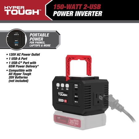 HYPER TOUGH 20V POWER INVERTER 150-WATT, 3-USB PORTS, NEW