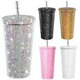 thumbnail image 2 of Glitter Tumbler with Brush Rhinestones Studded Tumbler Stainless Steel Insulated Bottle Sparkling Thermal Cup Birthday Gifts for Mom Wife,Pink, 2 of 8