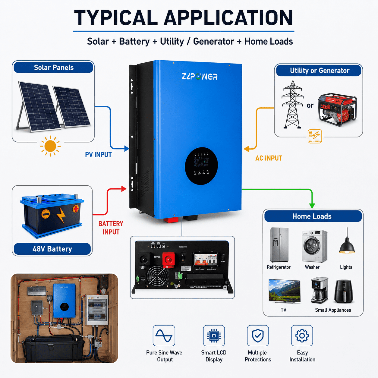 ZLPOWER 8000W 48V Hybrid Solar Inverter – 24000W Surge, Dual MPPT, UL1741 Certified, 120/240V Split-Phase Pure Sine Wave for Home & Business Backup