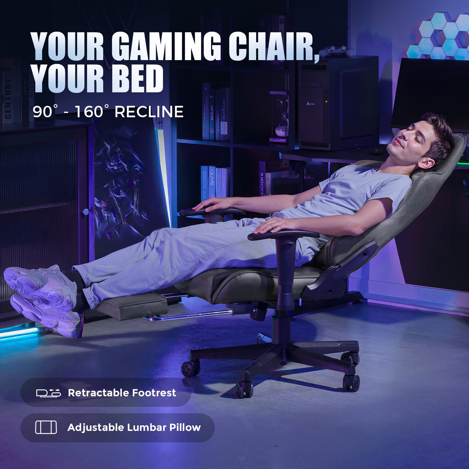 GTRACING High Back Racing Style Gaming Office Chair with Footrest and Adjustable Reclining Backrest, Gray