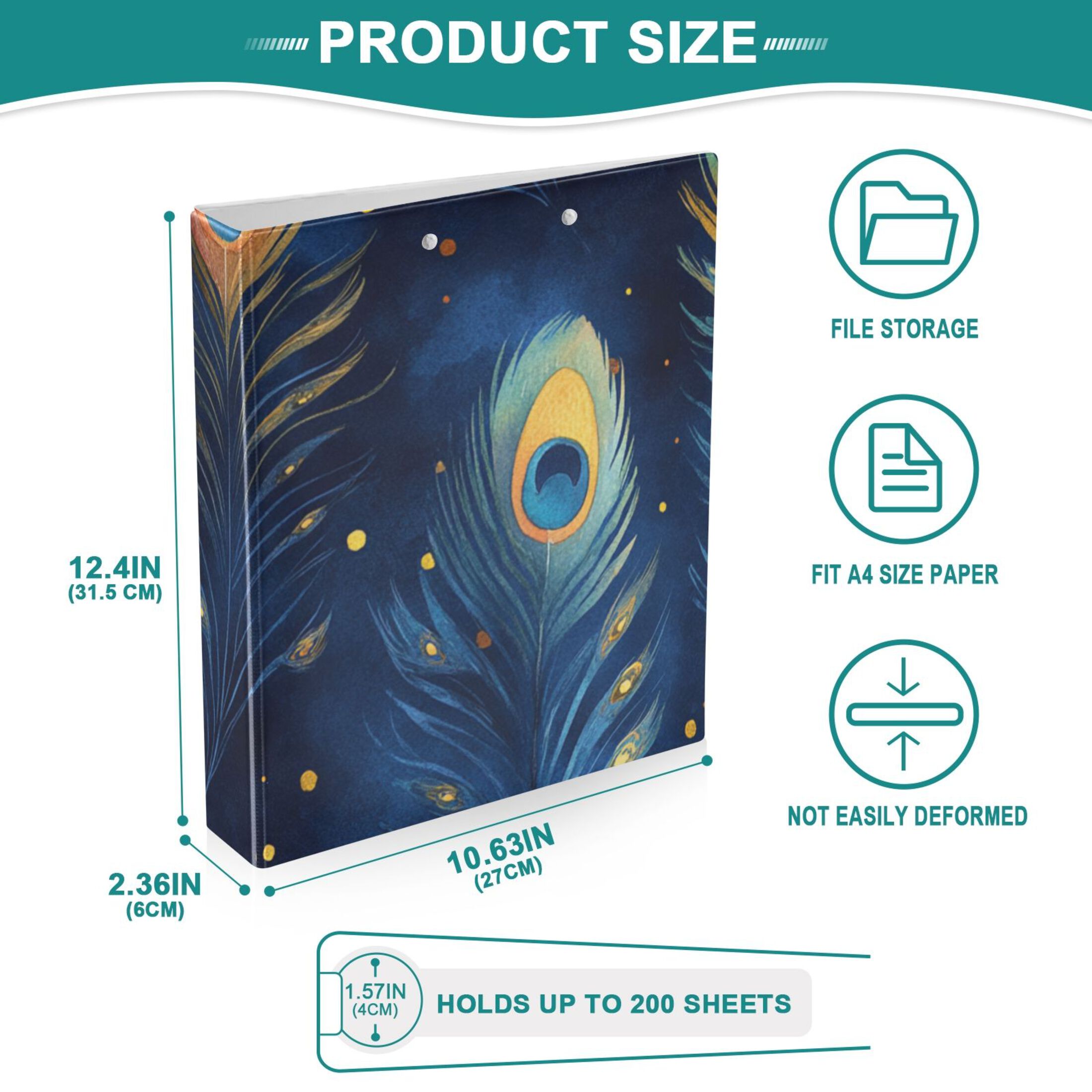 Peacock Feather Blue 3 Ring Binders 1.5 inch Hardcover File Folders with Interior Pockets A4 Size Organizer for School Office Hospital