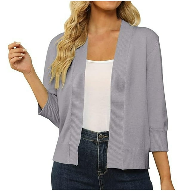 Penkiiy Cardigan Court à Manches 3/4 pour Femme, Ouvert à l'Avant, Boléros Courts, Cardigans, Chandails Légers, L Gris Foncé