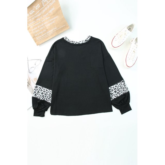 ABPHQTO Top de mujer con cuello redondo y manga globo con estampado de leopardo negro