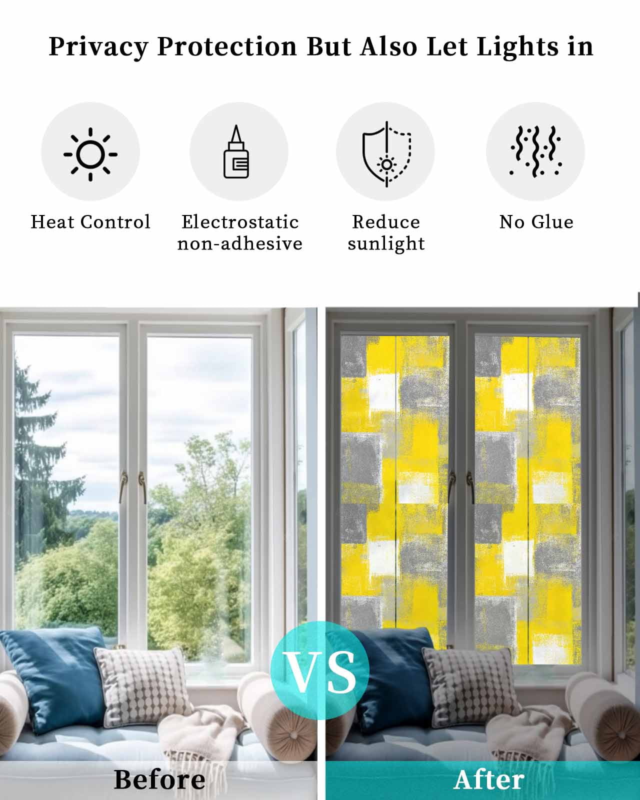 Window Privacy Film Yellow Grey Stained Glass Window Film Decorative Sun Block Window Cover Rustic Mottled Oil Painting Abstract Texture Window Clings Static Adhesive Sticker for Bathroom 23.6"x78.7"