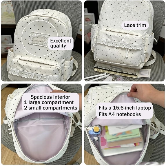 Cute Lace Backpack, Coquette Aesthetic Polka Dot Backpack | Kawaii Backpack for Women, Large Laptop Daypack Kawaii Supplie with Bow Accessories(Pink)