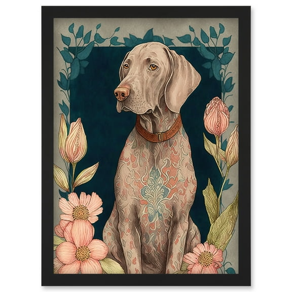 Grey Weimaraner Dog with Ornate Pattern Fur Coat and Flowers Modern Art Nouveau Illustration Artwork Framed Wall Art Print A4