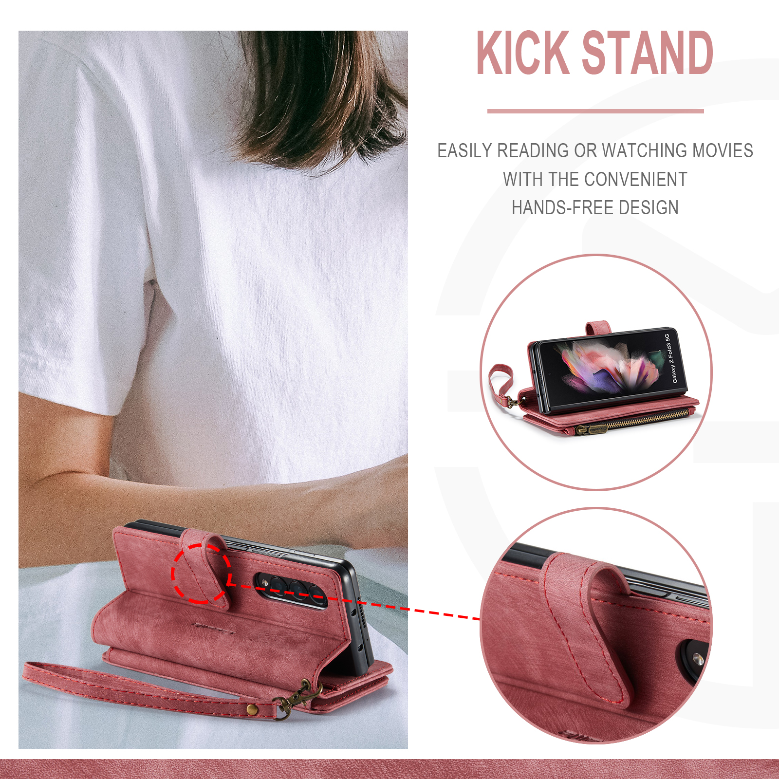 Dteck Galaxy Z Fold 3 Case, Dteck Heavy Duty Durable PU Leather Magnetic Wallet Flip Lanyard Strap Wristlet Zipper Card Holder Phone Case for Samsung Galaxy Z Fold 3 5G, Red