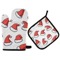 Yayeee Oven Mitts and Pot Holder Set of 2 Heat Resistant Kitchen Gloves Baking Hot Pad, Santa Hats Pattern