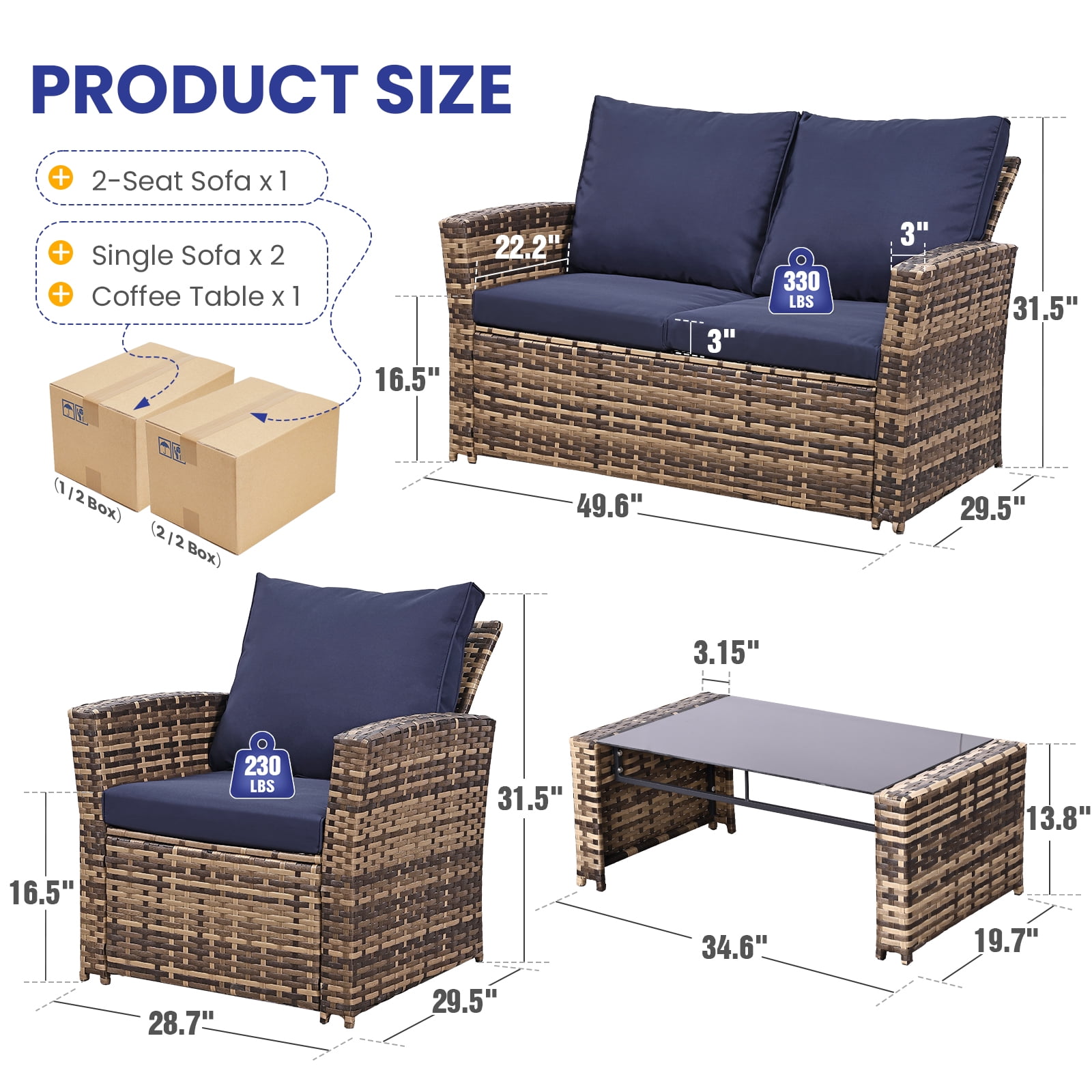 4 Piece Outdoor Patio Furniture Set,Wicker Conversation Sets Outdoor Sectional Patio Sofa Couch with Cushions & Coffee Table for Outside, Garden, Balcony, Porch,Yellow/Blue