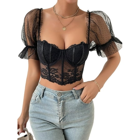 

Women Crop Corset Lace Tops Sheer Summer Basic Short Sleeves T-Shirts