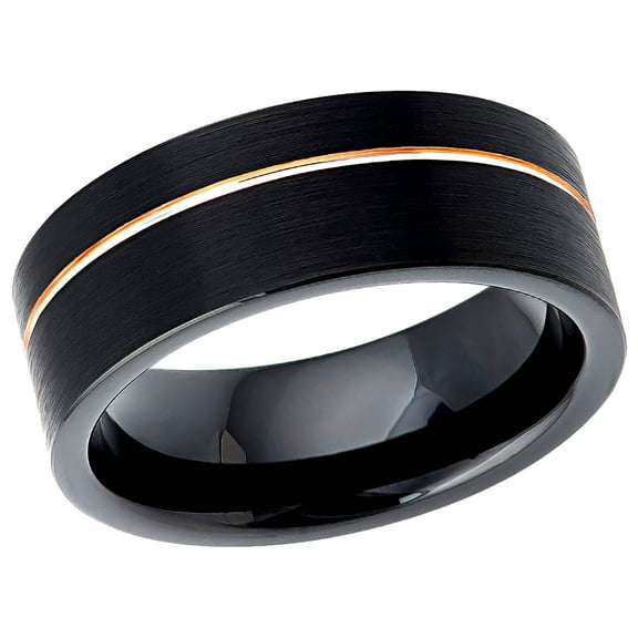 Men's Women's Tungsten Wedding Band Engagement Ring 8mm Black IP Brushed Pipe-cut with Off-center Rose Gold IP Groove