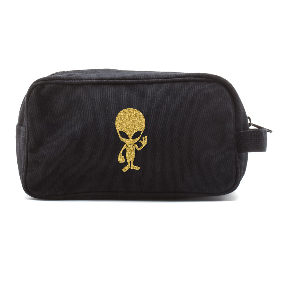 Alien Cartoon Canvas Shower Kit Travel Toiletry Bag Case in Black & Gold Glitter - image 1 of 5