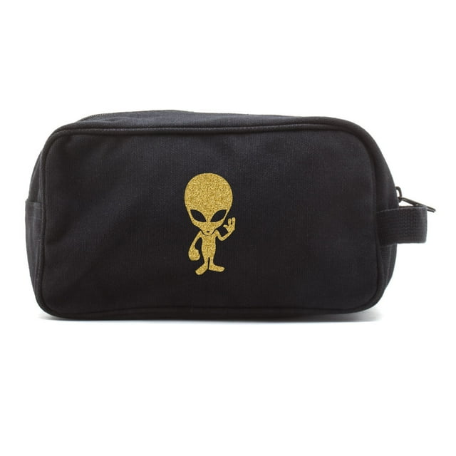 Alien Cartoon Canvas Shower Kit Travel Toiletry Bag Case in Black & Gold Glitter
