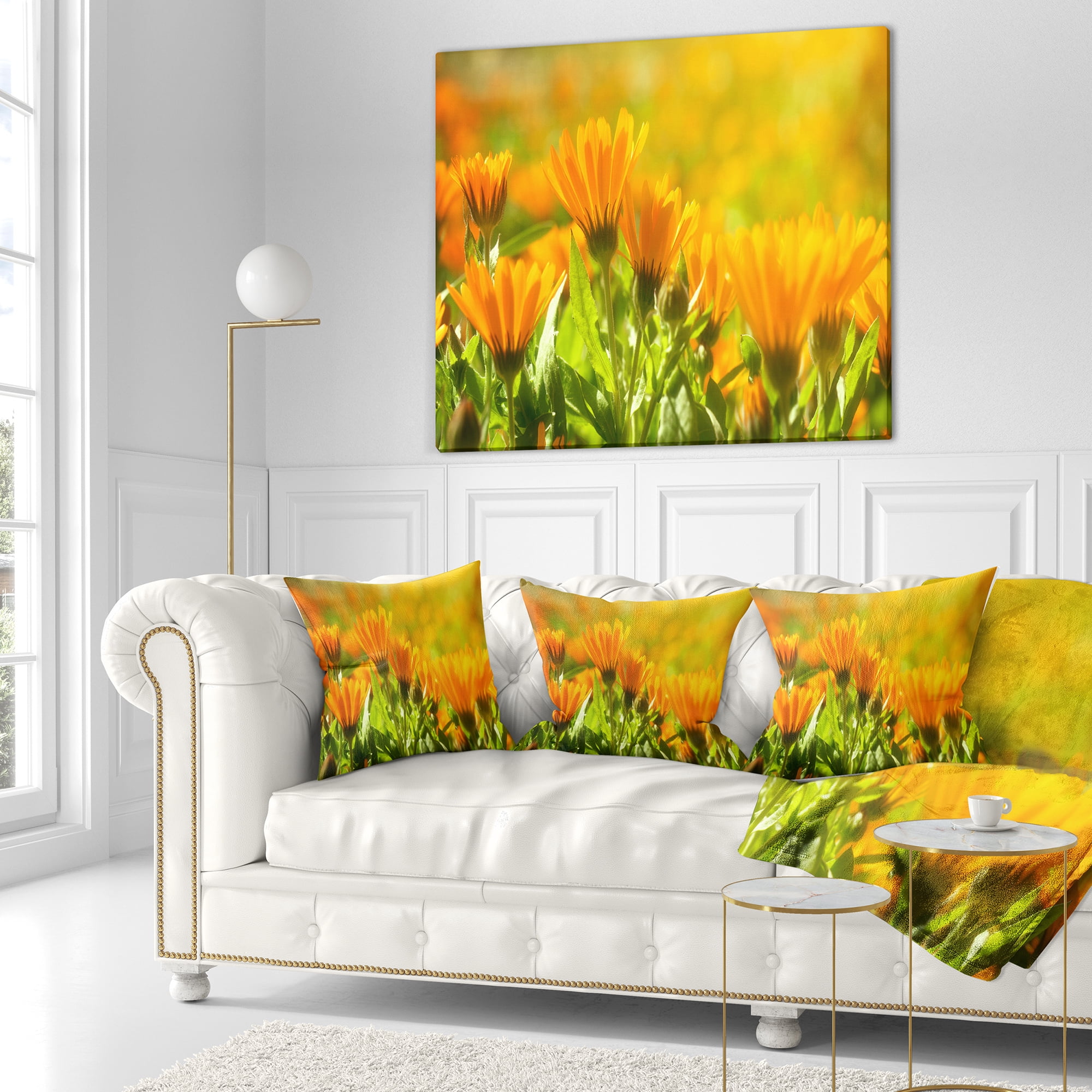 Designart Orange Marigold Flowers in Sunlight - Floral Throw Pillow - 16x16