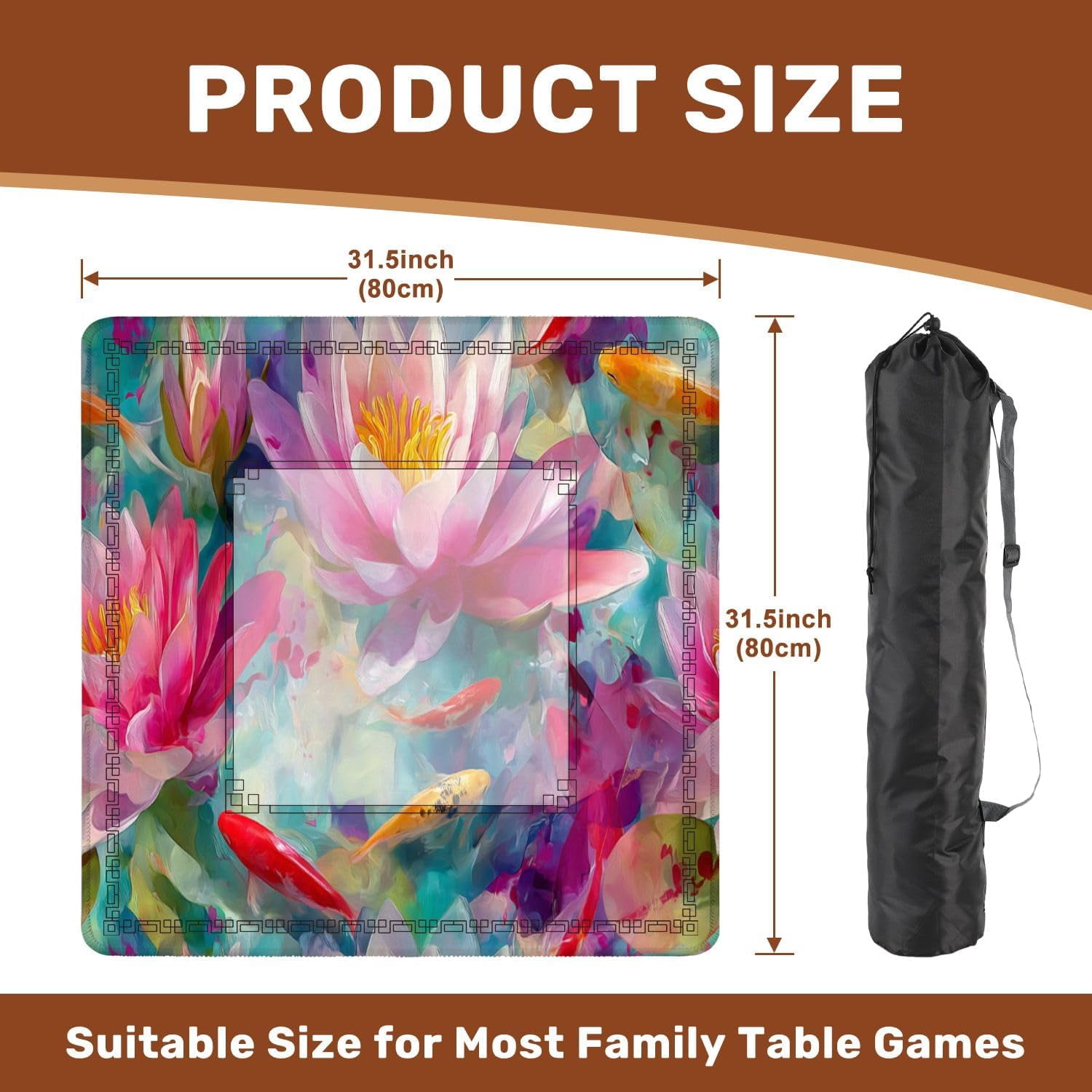 Mahjong Mat 31.5" x 31.5" Intricate Watercolor Pond Art Lotus Fish Soft Pastels Non-Slip Noise Reduction Mahjong Tiles Table Cover for Dominoes Poker Card Board and Tile Games