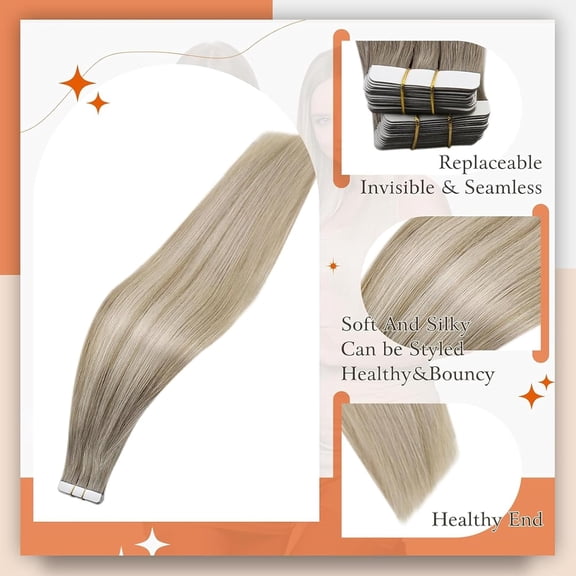 WEIF-12 Inch Tape in Hair Extensions Human Hair Color 19 Grey Fading to 8 Ash Brown And 60 Blonde Hair Extensions Tape in 30 Gram Tape in Extensions Seamless Skin Weft for Women 20 Pieces