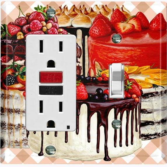 Metal Light Switch Wall Plate Outlet Cover (Layered Chocolate Vanilla Cake Party Berry Fruit - Single Rocker Single Toggle)