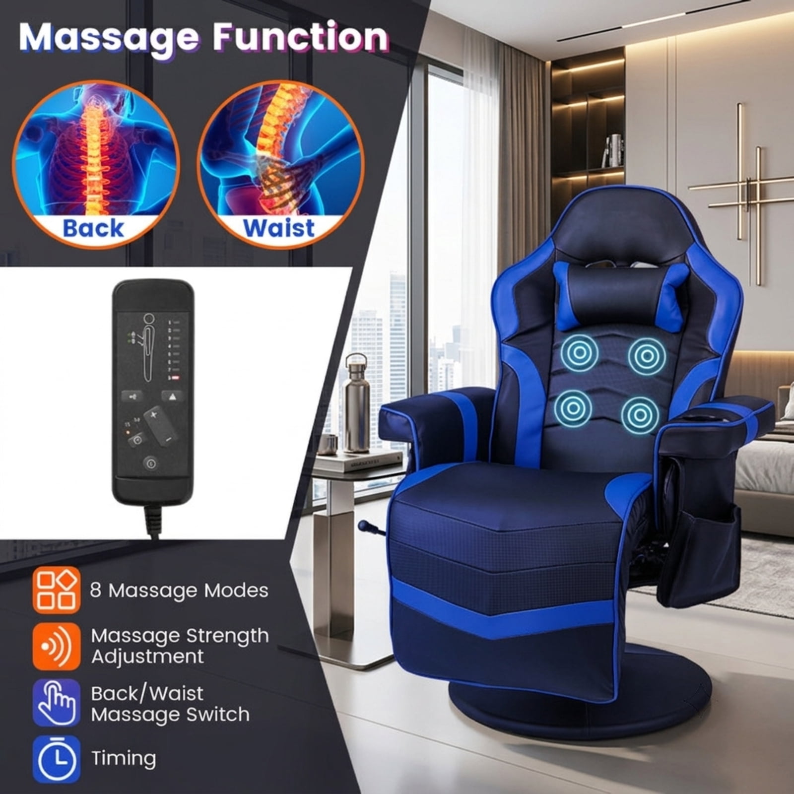 Furnibear Massage Video Gaming Recliner with Reclining Backrest Retractable Footrest Adjustable Height and Side Pocket for Gaming and Office, Blue
