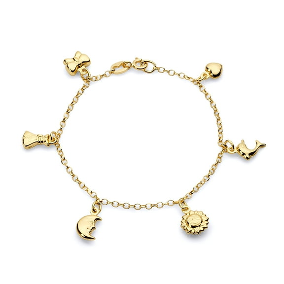 Wellingsale 14k Yellow Gold Polished Hanging Charm Bracelet - 7"