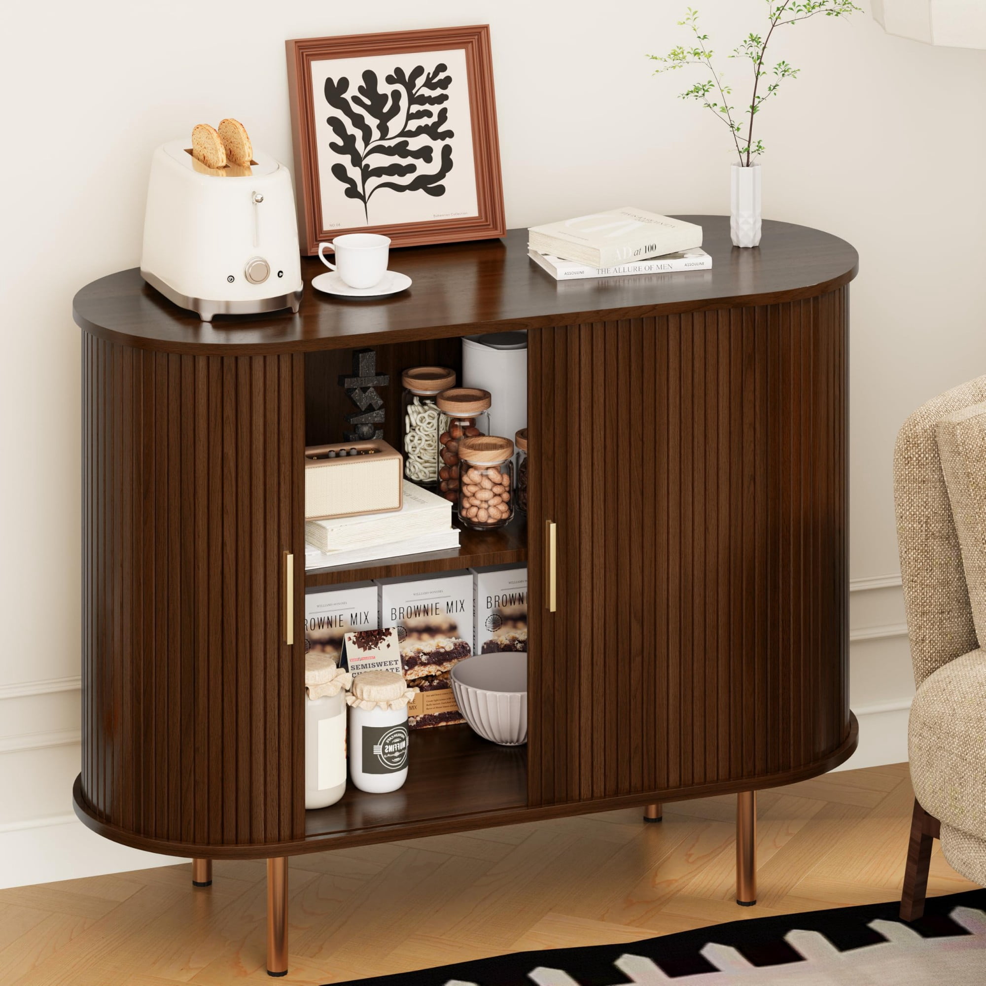 Mid Century Modern Sideboard Buffet Cabinet, 39 Inch Fluted Coffee Bar Console with Tambour Sliding Doors, Walnut