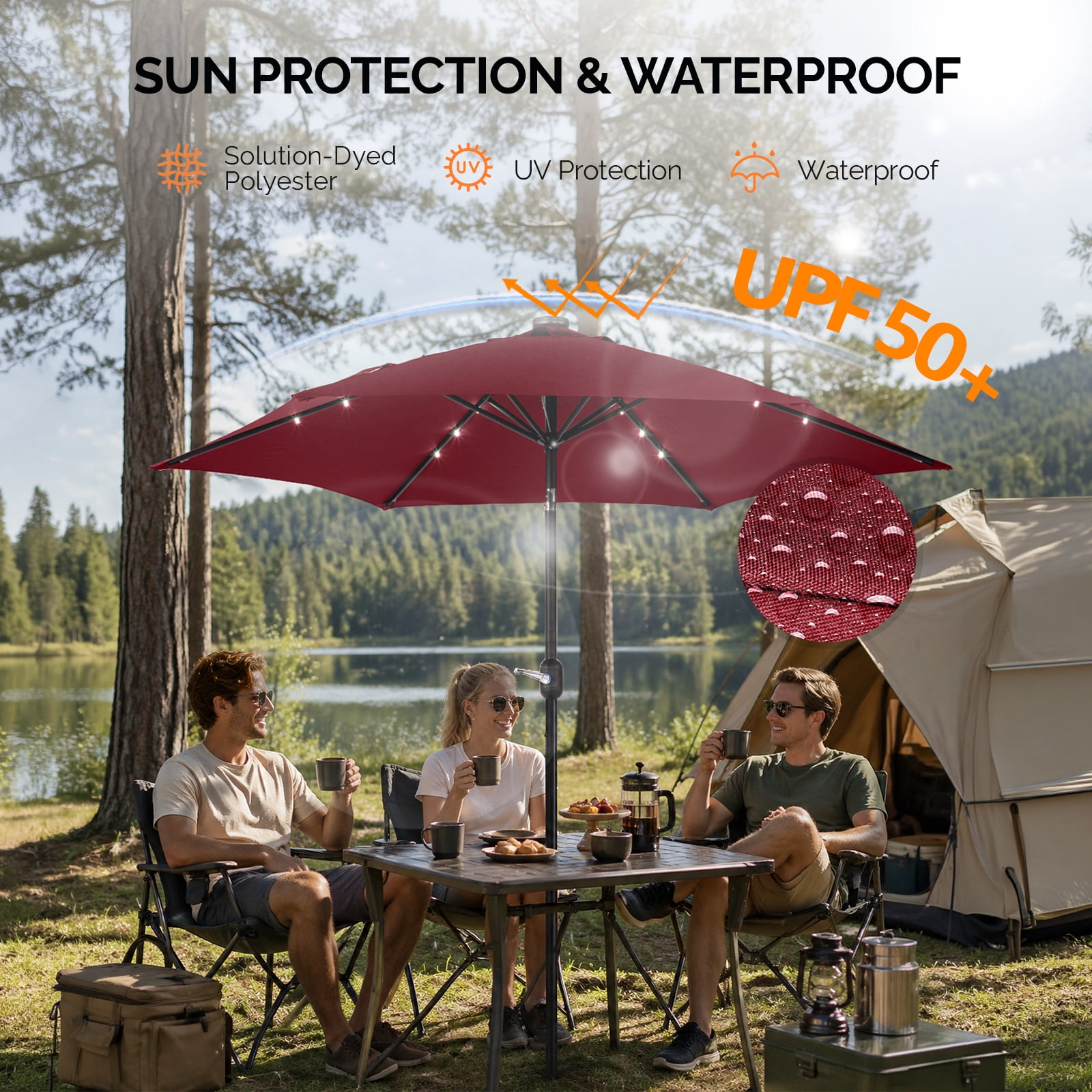 9ft Solar Patio Umbrella with LED Lights, UPF 50+ Waterproof Canopy, 6 Iron Ribs, Push Button Tilt & Crank Lift, Beige for Patio Garden Poolside
