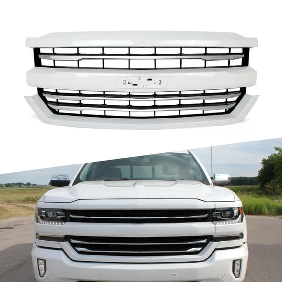 ONEPI Front Grill Fit For Chevy Silverado 1500 2016 2017 2018 Models, Summit White W/Chrome Mesh