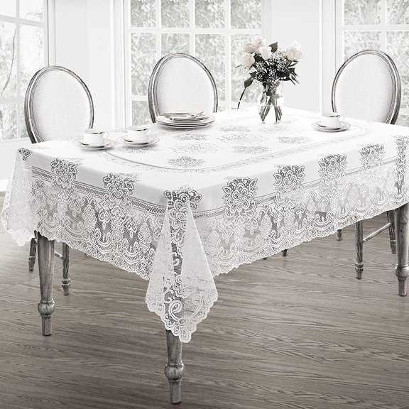Newbridge Allison Victorian Heirloom Lace Fabric Tablecloth, Vintage Scalloped Polyester Lace Tablecloth, 60 Inch x 120 Inch Oblong/Rectangle, White
