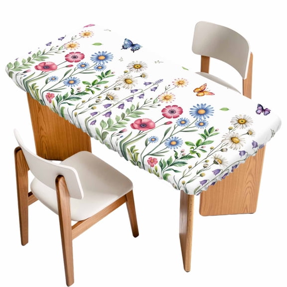 Spring Floral Table Cloths for 4 Foot Rectangle Tables, Pink Blue Flowers Botanical Butterflies Patio Waterproof Elastic Fitted Tablecloths, Washable Rectangular Table Cover for Camping