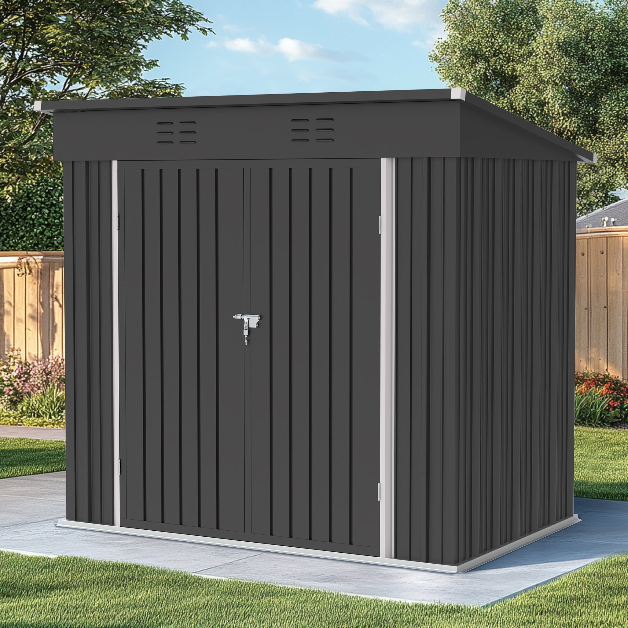Sesslife 6' x 4' Outdoor Storage Shed, Patio Galvanized Steel Metal Shed with Sliding Doors, Garden Shed with Vents for Tools, Lawn Mover, Bike, Black