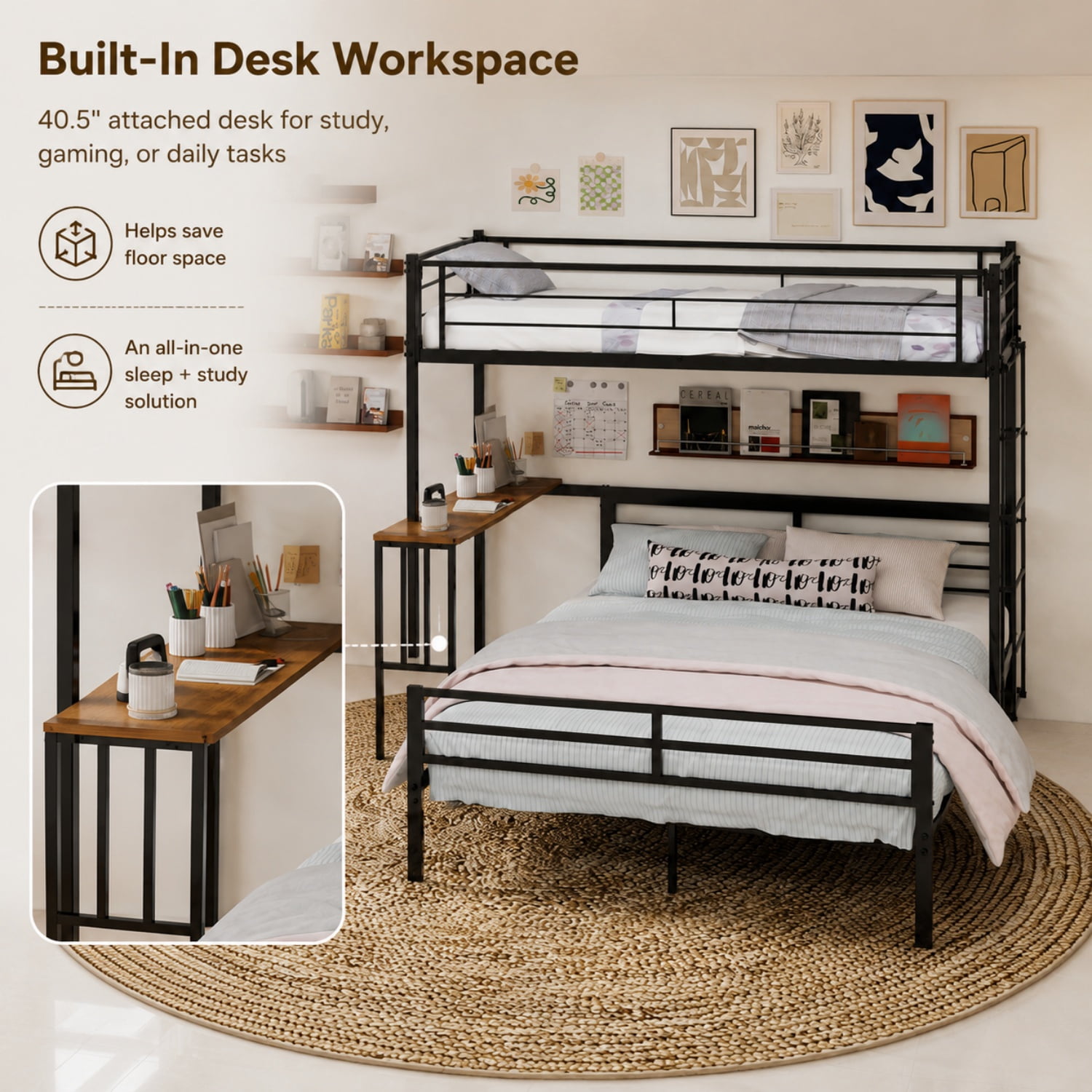 Miniyam Twin Over Full Bunk Bed with Built-In Desk – Metal Space-Saving Bed for Kids, Teens, Dorm Rooms, Black